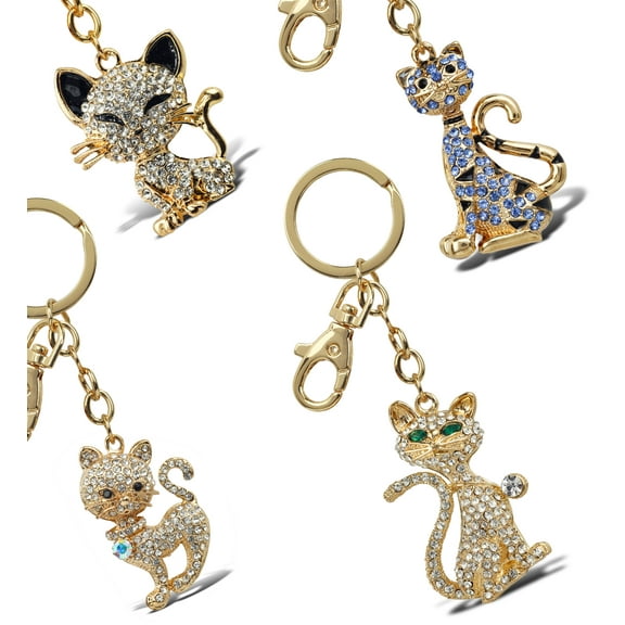Aqua79 Cats Sparkling Golden Keychains Set of 4 – Happy, Elegant, Blue Tiger, Stylish Cat Charm Rhinestones, Gold Metal Key Ring – Accessory with Clasp for Key Chain, Bag, Purse, Handbag, Backpack