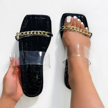 

Cathalem Bathrobe And Slippers for Women And Chain Fashion Decorative Flat Color Bottom Beach Sandals Ladies Solid Slippers Shoes Black 9