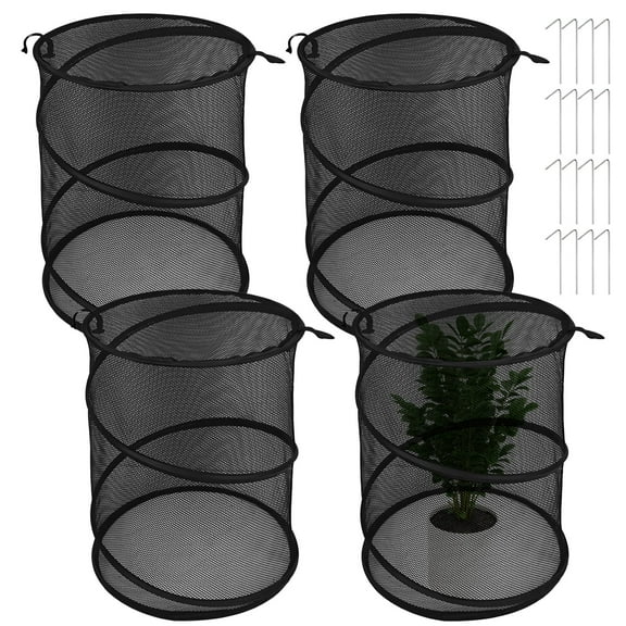 4 Pcs Pop-Up Garden Plant Protection Netting,Plant Cloche with 16 Pcs Ground Stakes,Transparent Mesh Covers for Outdoor and Indoor Plant Protection(Black)