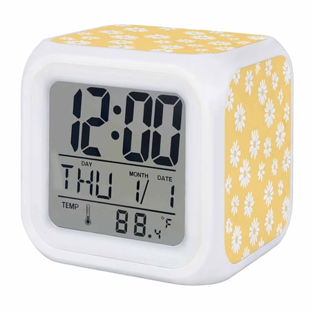 White Yellow Daisy Digital Alarm Clock for Bedrooms, Smart LED Alarm Clock with 7 Color Changing Night Light, Spring Summer Floral Botanical Silent Wake Up Clocks for Sleep Study Cooking 3.2x3.2