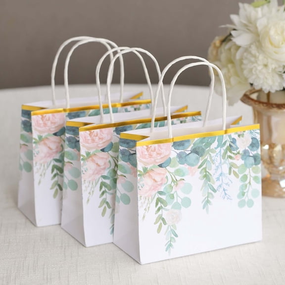 Efavormart 12 Pack White Pink Peony Flower Paper Gift Bags With Handles, Party Favor Goodie Bags With Gold Edge - 6"x7"