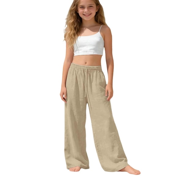 ZHANGDER Girls Linen Pants Wide Leg Pants Elastic Waist Summer Casual Beach Lounge Trousers with Pockets, Khaki 14-15 Years