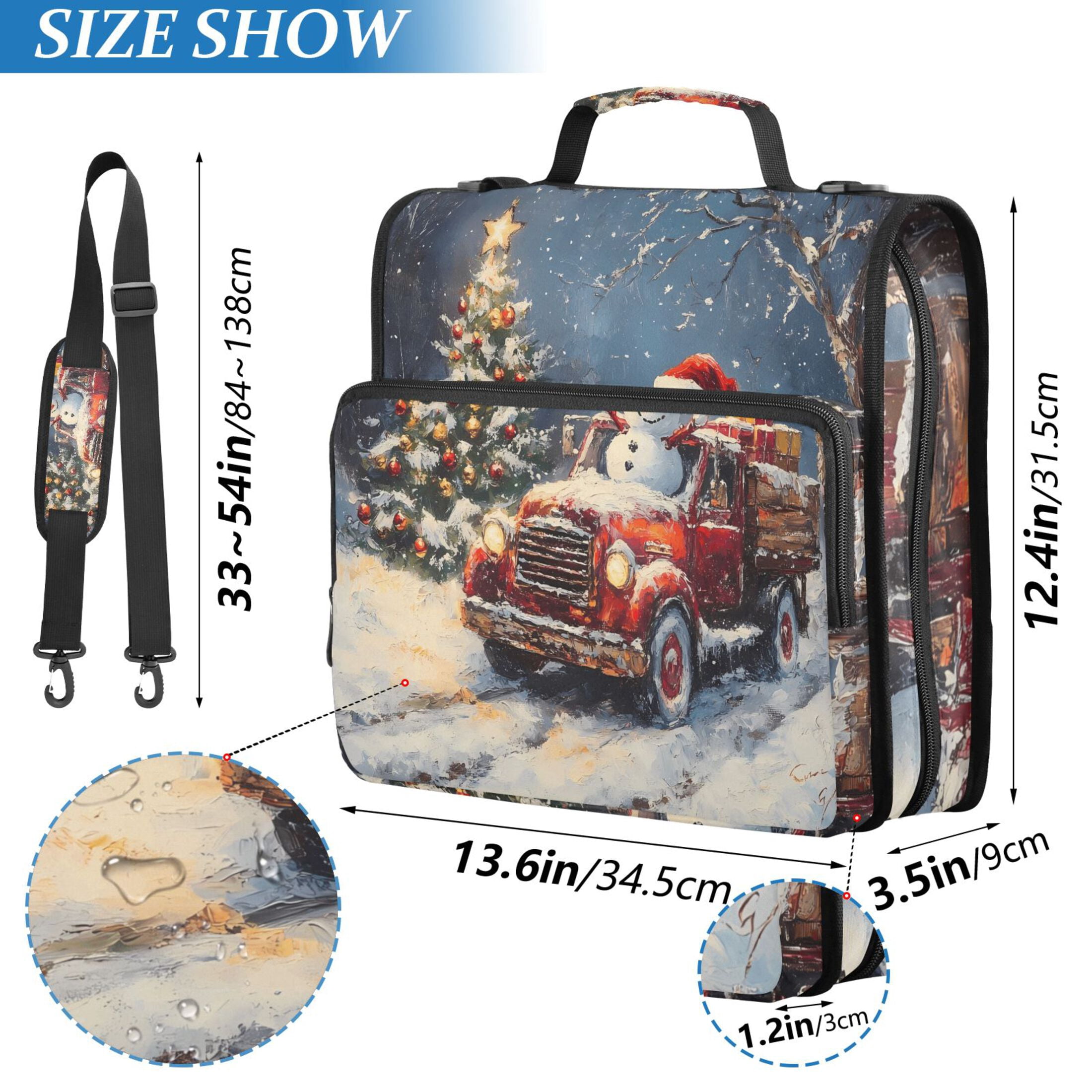 3 Ring Zipper Binder with Shoulder Strap Waterproof Trapper Keeper 2 Inch D-Ring 500 Sheets Capacity Christmas Tree and Snowman on Truck
