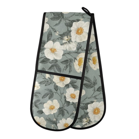 Yayeee Double Oven Mitt Kitchen Heat Resistant Baking 35" x7" Quilted Cotton Glove, Sage Green Flower Pattern