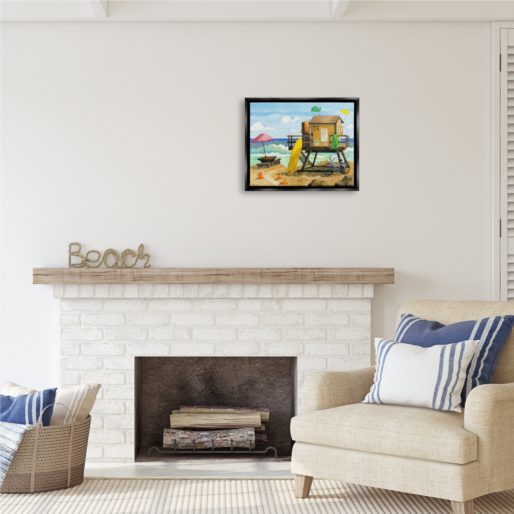Stupell Industries Lifeguard Hut on Beach Nature Painting Black Floater Framed Art Print Wall Art, 21 x 17