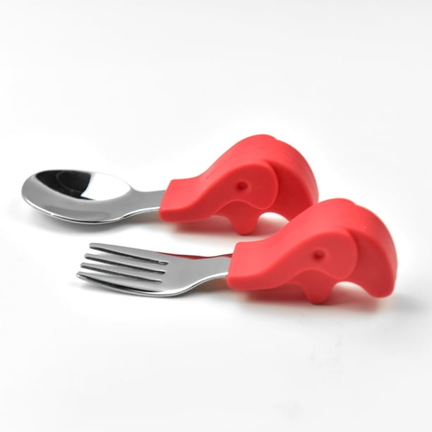 Tenedor cuchara de entrenamiento para aprender a comer para bebés hipopótamo, mango corto, vajilla de acero inoxidable, tenedor cuchara de silicona para alimentos complementarios para niños