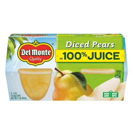 (4 Cups) Del Monte Diced Pears Fruit Cup Snacks, 100% Juice, 4 oz