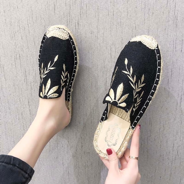 Zapatos chinos con bordado de flores para mujer, zapatos planos de lona de cáñamo, mocasines de alpargatas para mujer, mocasines de algodón con punta redonda, zapatos Walking36 Gao Jinjia LED