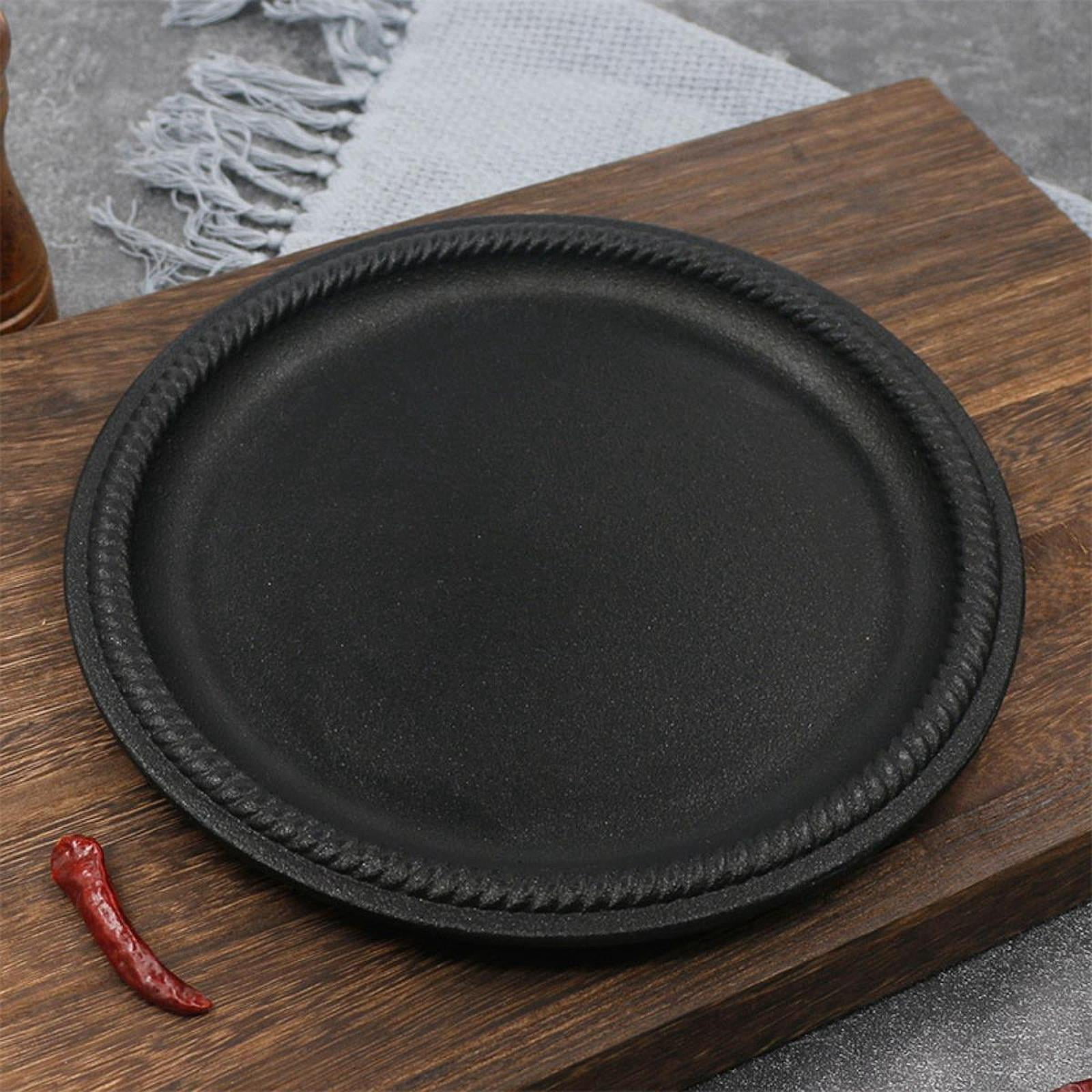 TISHITA Griddle Steak Plate Tray Nonstick with Wooden Base Platter Sizzling Steak Plate Iron Griddle Pan for Home Kitchen Stovetops L