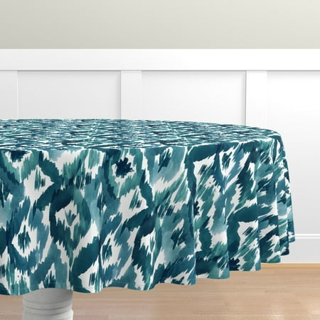 

Cotton Sateen Tablecloth 70 Round - Ikat Diamonds Teal Geo Watercolor Blue Love Tie Dye Boho Bohemian Print Custom Table Linens by Spoonflower