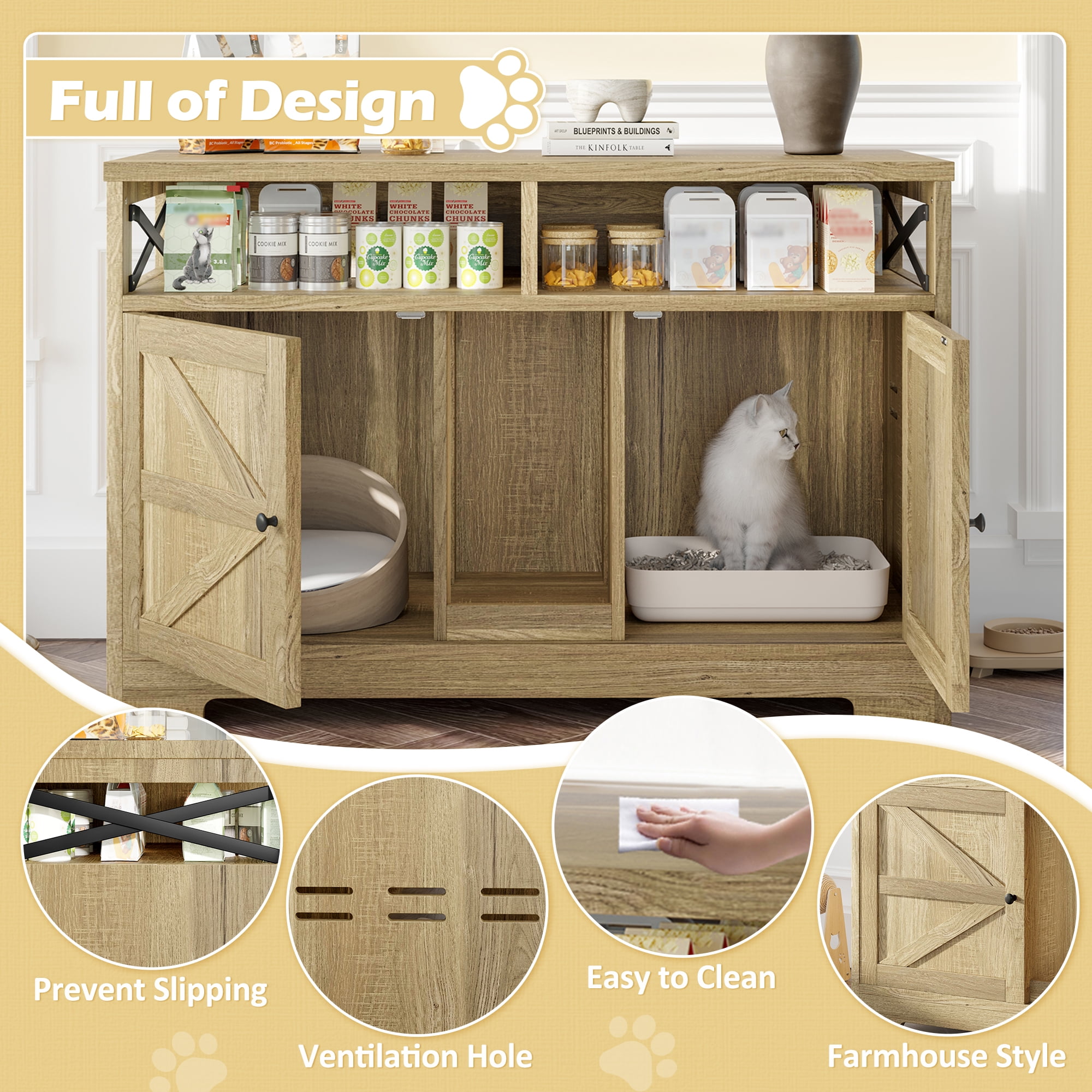 Euroco Multifunctional Hidden Cat Litter Box Enclosure with Double Doors, Adjustable Divider, Ventilation, and Storage Shelves