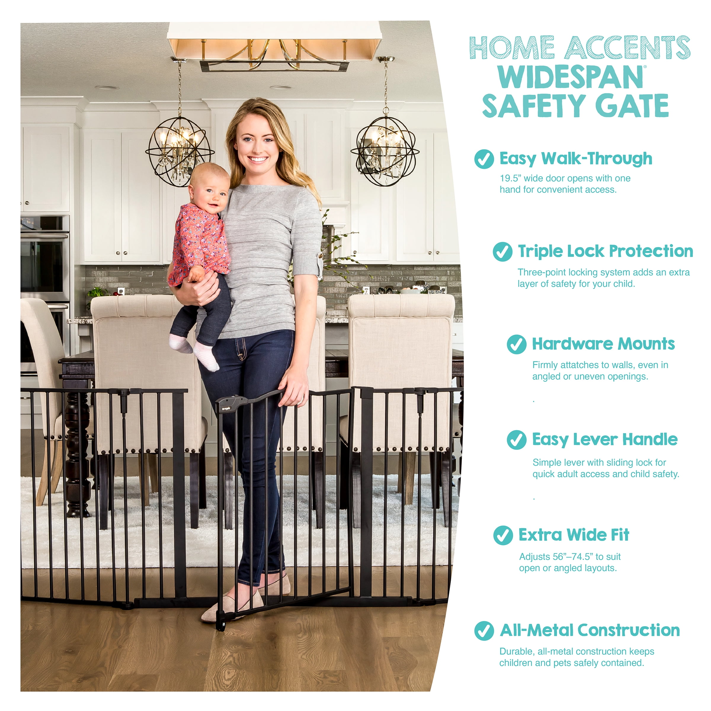 Regalo Deluxe Home Accents 74 inch Widespan Baby Safety Gate, Black, Ages 6 to 24 Months