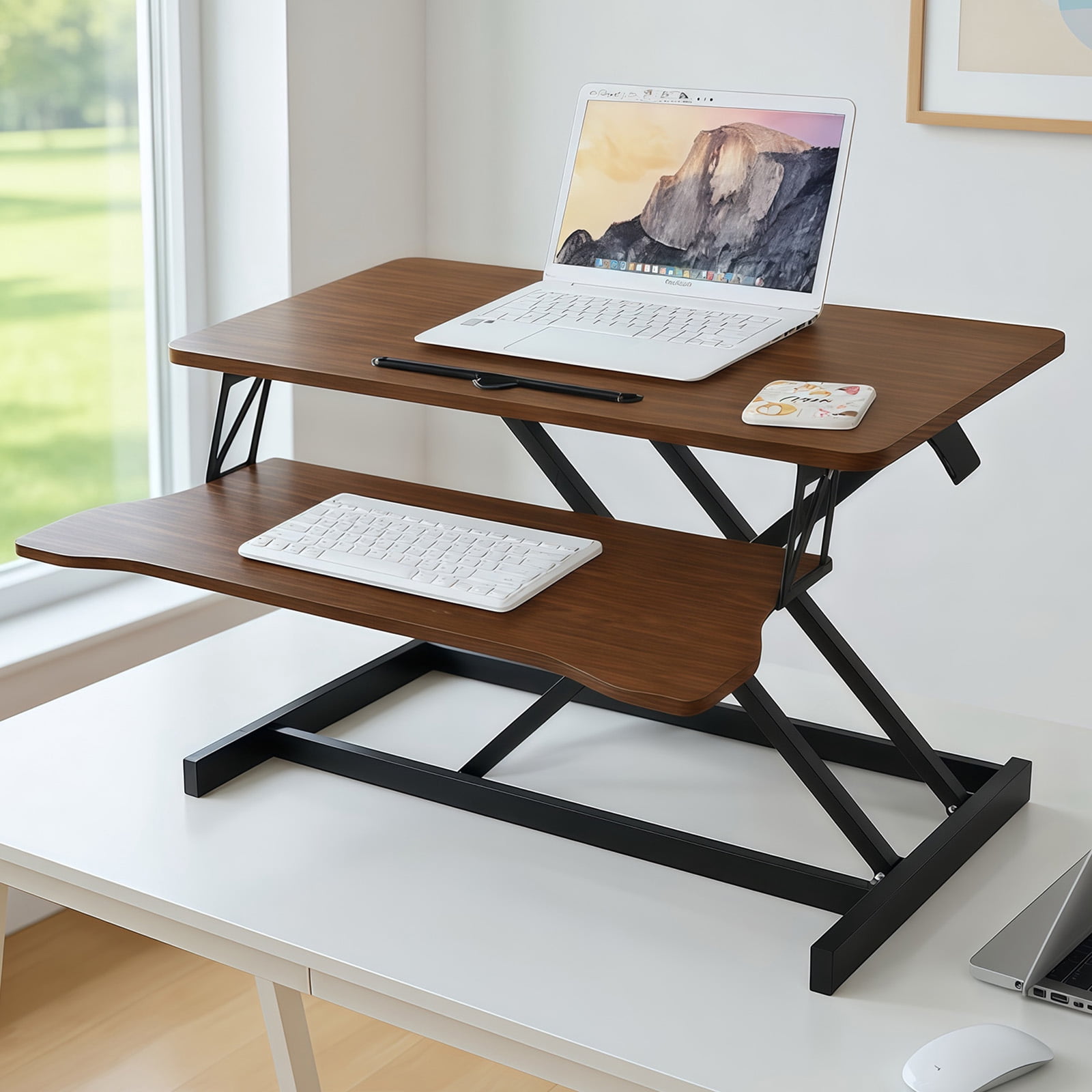 Height Adjustable 32 Inch Wide Stand Up Desk Converter, Laptop Sit Stand Desk Riser for Table Tops and Home Office with Keyboard Tray, Walnut
