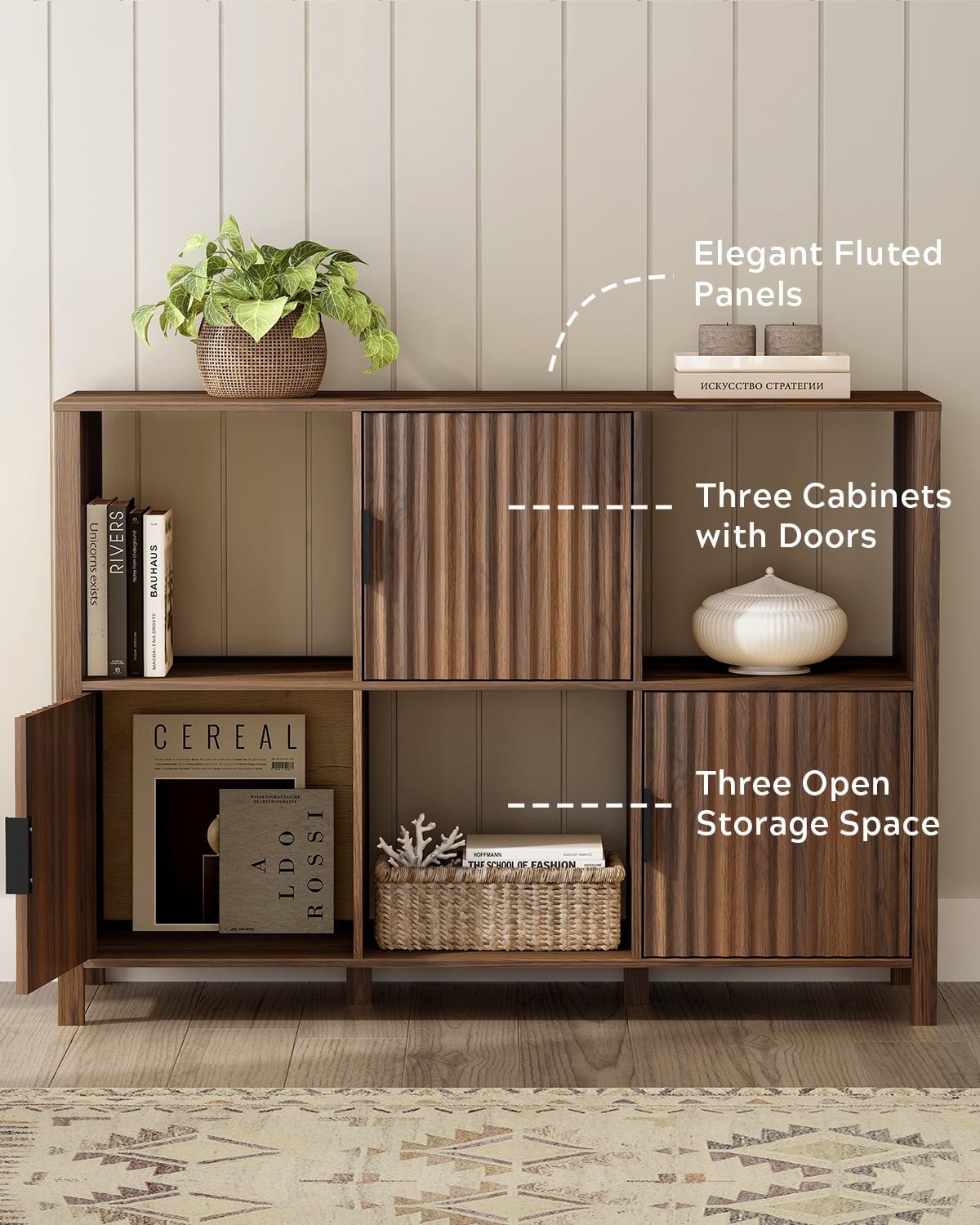 EYYTHUNG Fluted Storage Organizer Bookshelf, Modern Cube Bookcase with 3 Open Shelf and 3 Cabinets with Doors, Brown