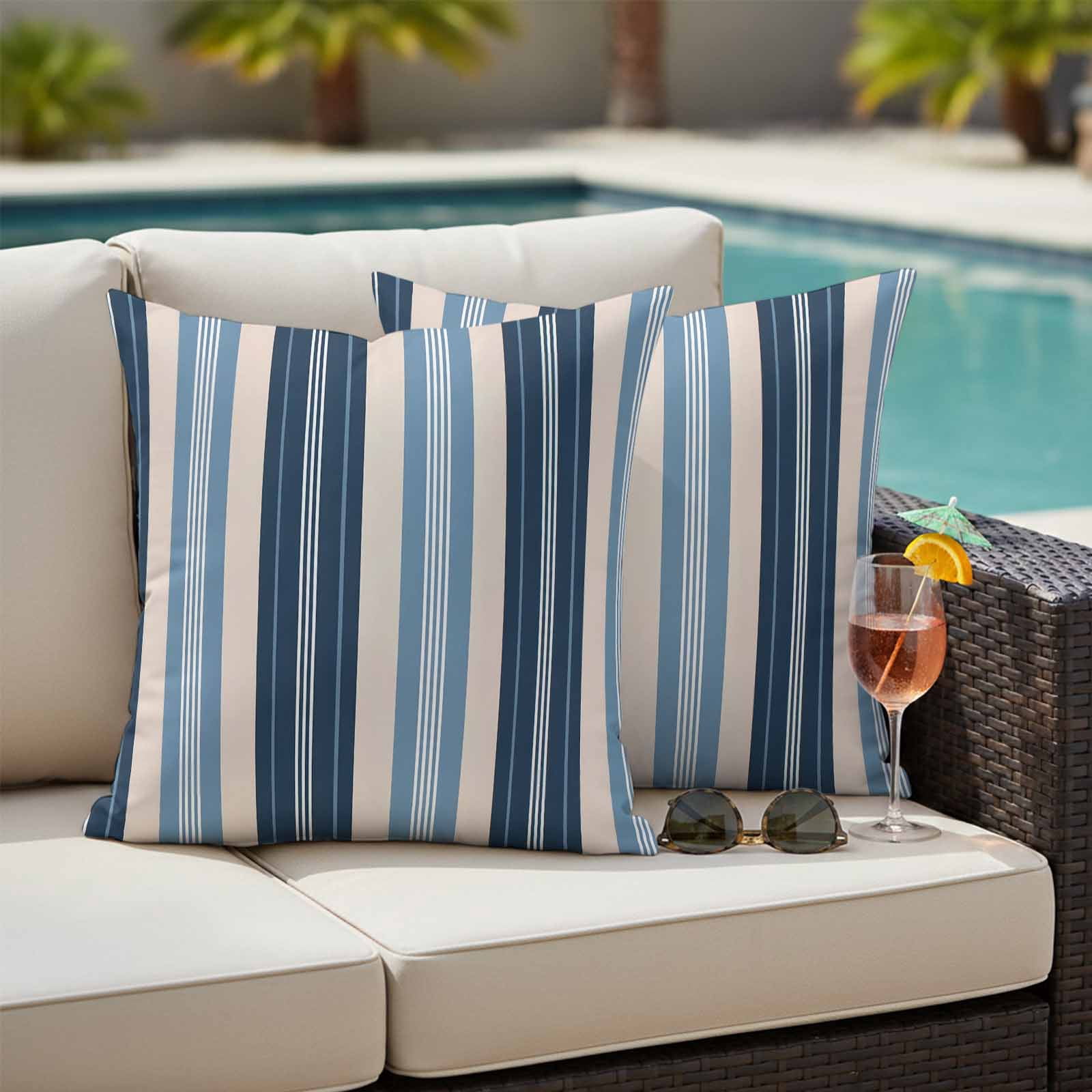 Blue Beige Striped Outdoor Waterproof Pillow Covers, Modern Stripes Art Farmhouse Decorative Square Throw Pillowcase Sofa Cushion Sham for Patio/Couch/Chair, 18"x18" 2 Pack