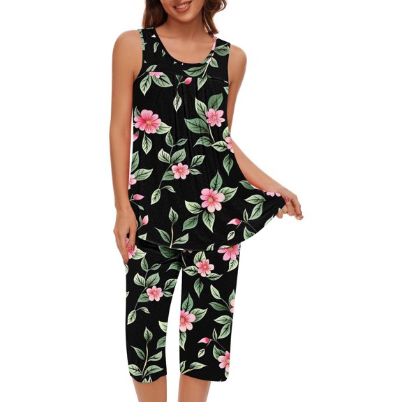 Cagogo Women's 2 Piece Tank Top Capri Leggings Set Casual Floral Boho Lounge Outfits Sleeveless Round Neck Crop Top Matching Pants Summer Cruise Travel Clothes, Black M