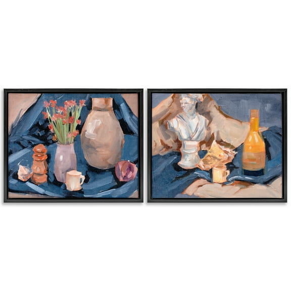 Stupell Industries Traditional Still Life on Drapery Plants & Flowers Painting Black Floater Framed Canvas Art Print Wall Art, 21 x 17, Set of 2
