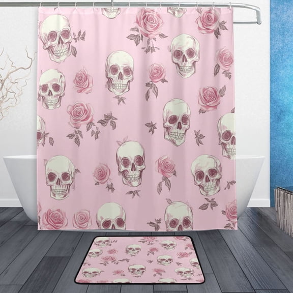 Bath Curtain & Non-Slip Bath Mat Set 12-Grommet Shower Curtain Memory Foam Bath Rug Rose Skulls and Roses Pattern