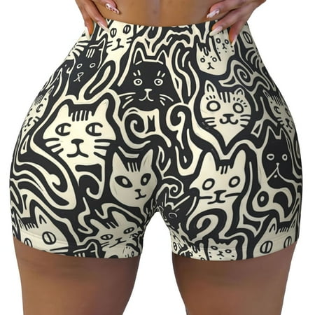 Workout Shorts Women  Abstract Cat Faces Pattern Biker Shorts for Women Running Gym Spandex Shorts Tummy Control