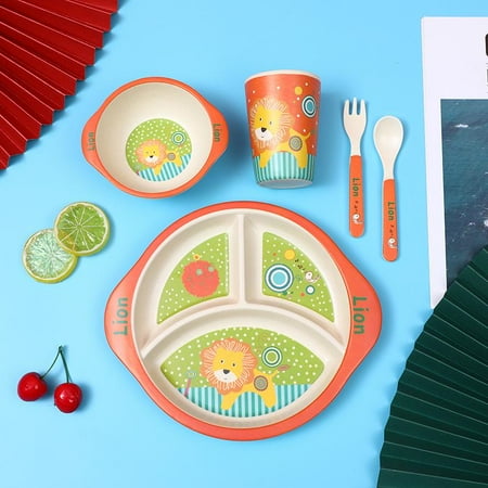 

5Pcs/Set Bamboo Kids Dinnerware Set - Children Dishes - Food Plate Bowl Cup Spoon Fork Set Dishware Cartoon Tableware
