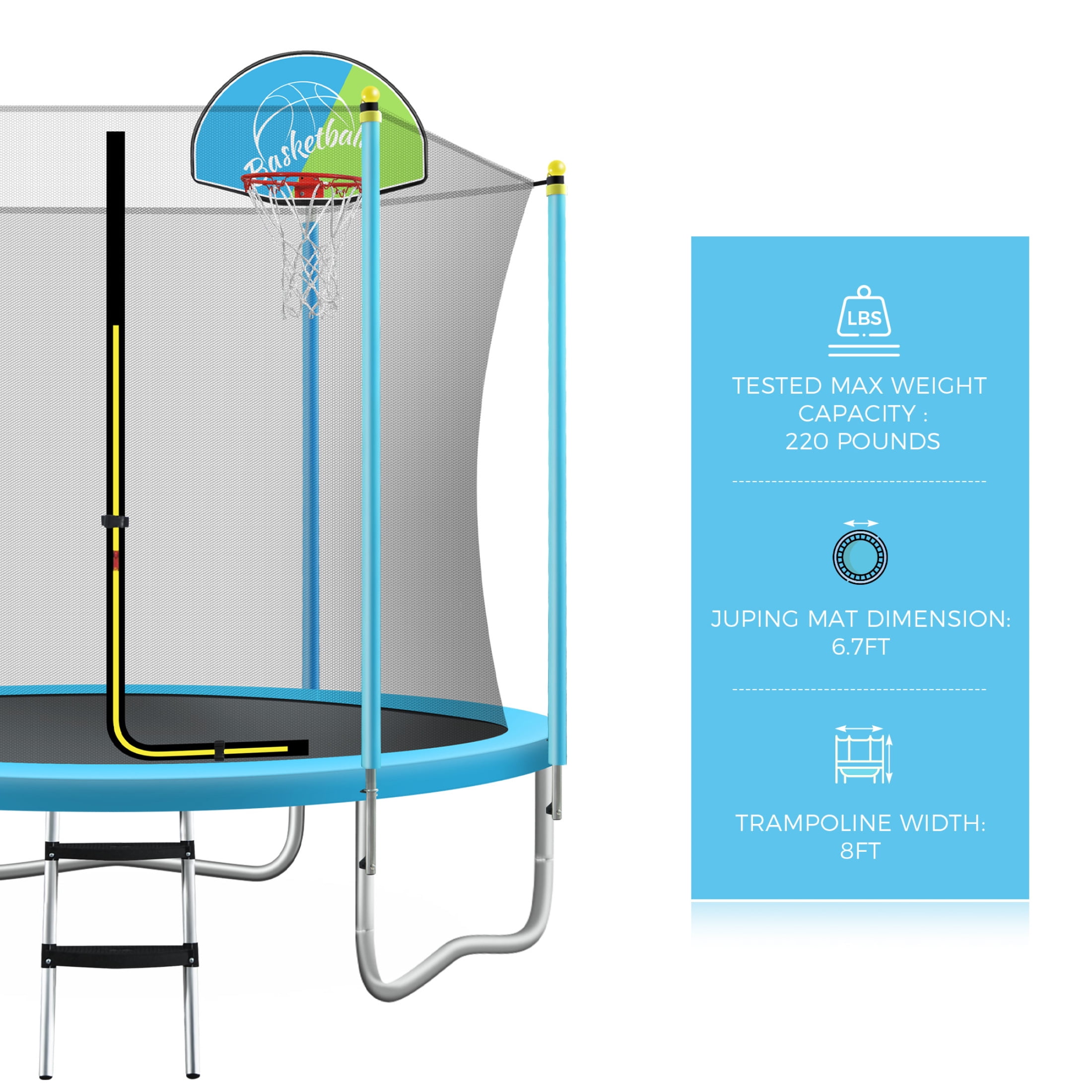 Noble House 8FT Outdoor Trampoline for Kids with Safety Enclosure Net, Basketball Hoop & Ladder, Blue