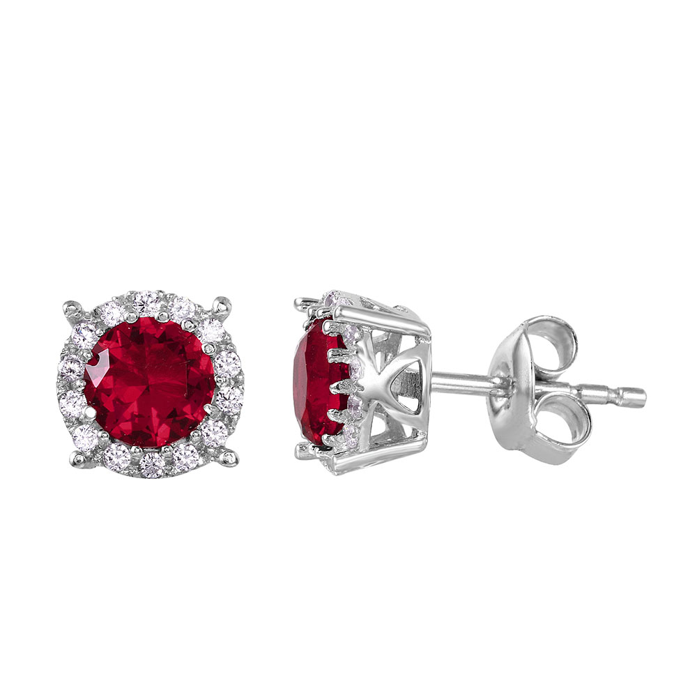 Simulated Ruby Cubic Zirconia Center Halo Stud Earrings Rhodium Plated ...
