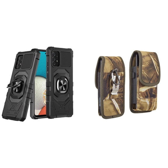 Case with Belt Holster Bundle for Samsung Galaxy A53 5G: Heavy Duty Shield Cover (Black) and Vertical Rugged Nylon Phone Pouch (Camo)