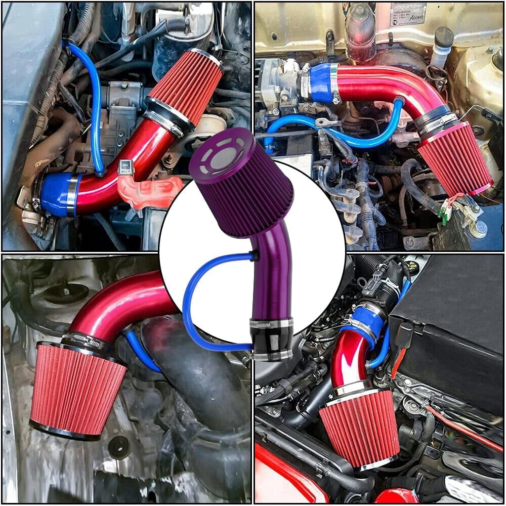 3'' Cold Air Intake Kit Aluminum Automotive Cold Air Intake Pipe Filter Induction Flow Hose Pipe Kit, Purple