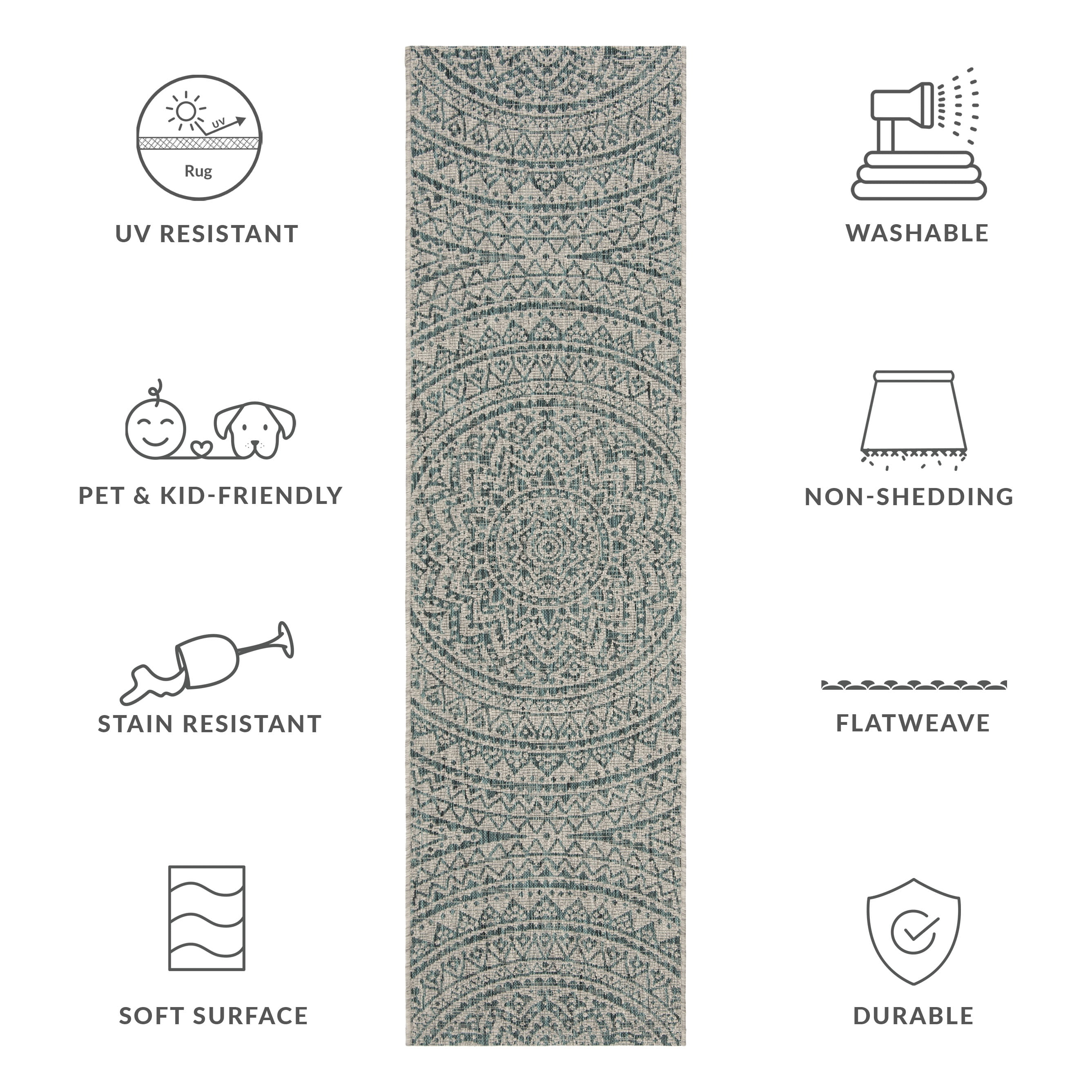 SAFAVIEH Courtyard Josiah Floral Medallion Indoor/Outdoor Runner Rug, Light Grey/Teal, 2'3" x 12'