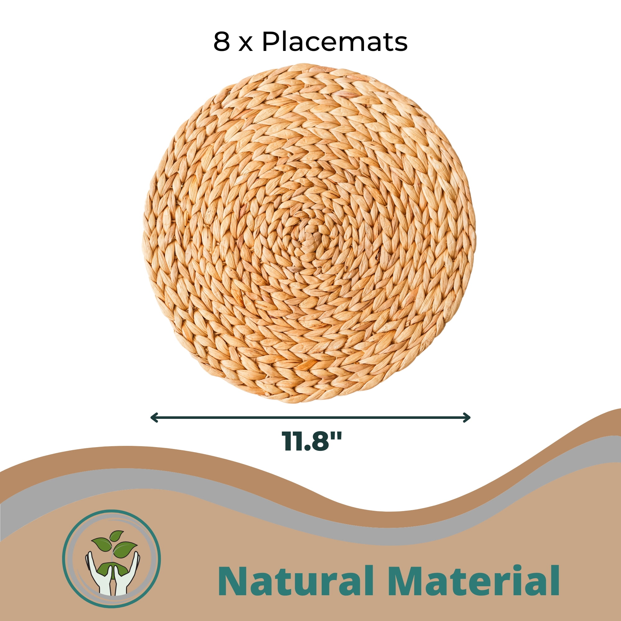 Set of 8 Water Hyacinth Placemats, Wicker Placemats, Natural Round Woven Placemats for Kitchen, Dining, Wall Decor