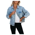 thumbnail image 3 of Feancey Denim Jackets for Women Trendy Cropped Button Shirt Jacket Long Sleeve Casual Frayed Washed Jacket with Pockets Blue M, 3 of 10