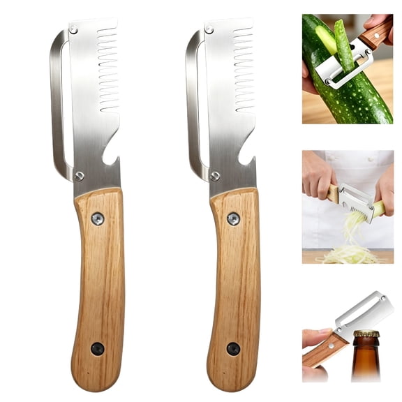 2PCS Vegetable Peeler With Wooden Handle, Stainless Steel Wide Blade Potato and Carrot Peeler, 3-in-1 Veggie Peeler With Scallion Shredder and Bottle Opener for Kitchen, Camping and Travel