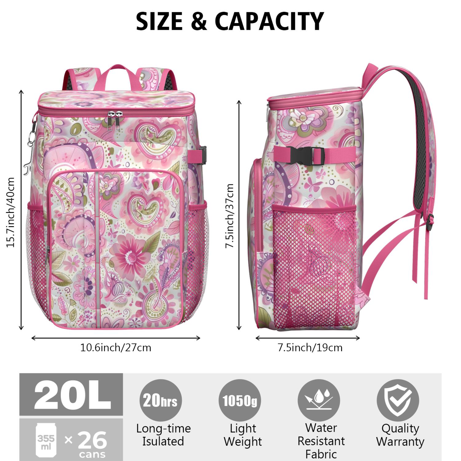 Travel Cooler Bag - Pioneer Flower Floral Print Pattern Camping Beer Cooler Backpack with Bottle Opener- Waterproof Insulated Picnic Backpacks - Cooler Bag for Beach
