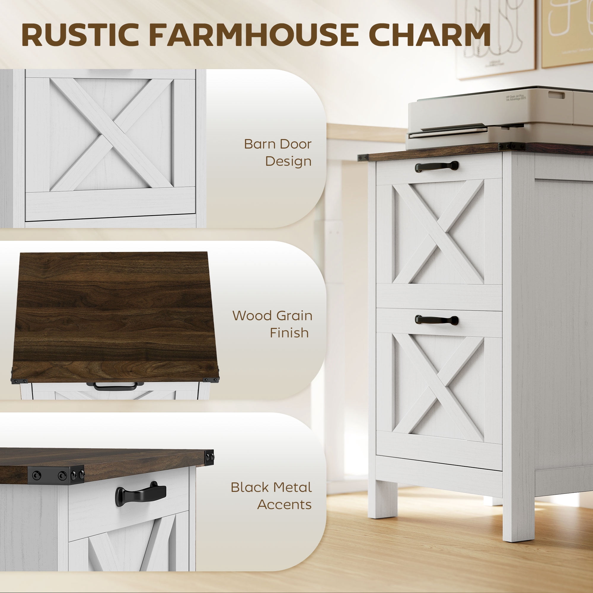 HOMCOM 2 Drawer Vertical File Cabinet with Silent Slides, Farmhouse Filing Cabinet with Barn Doors for A4/Letter Size, Printer Stand, Distressed White