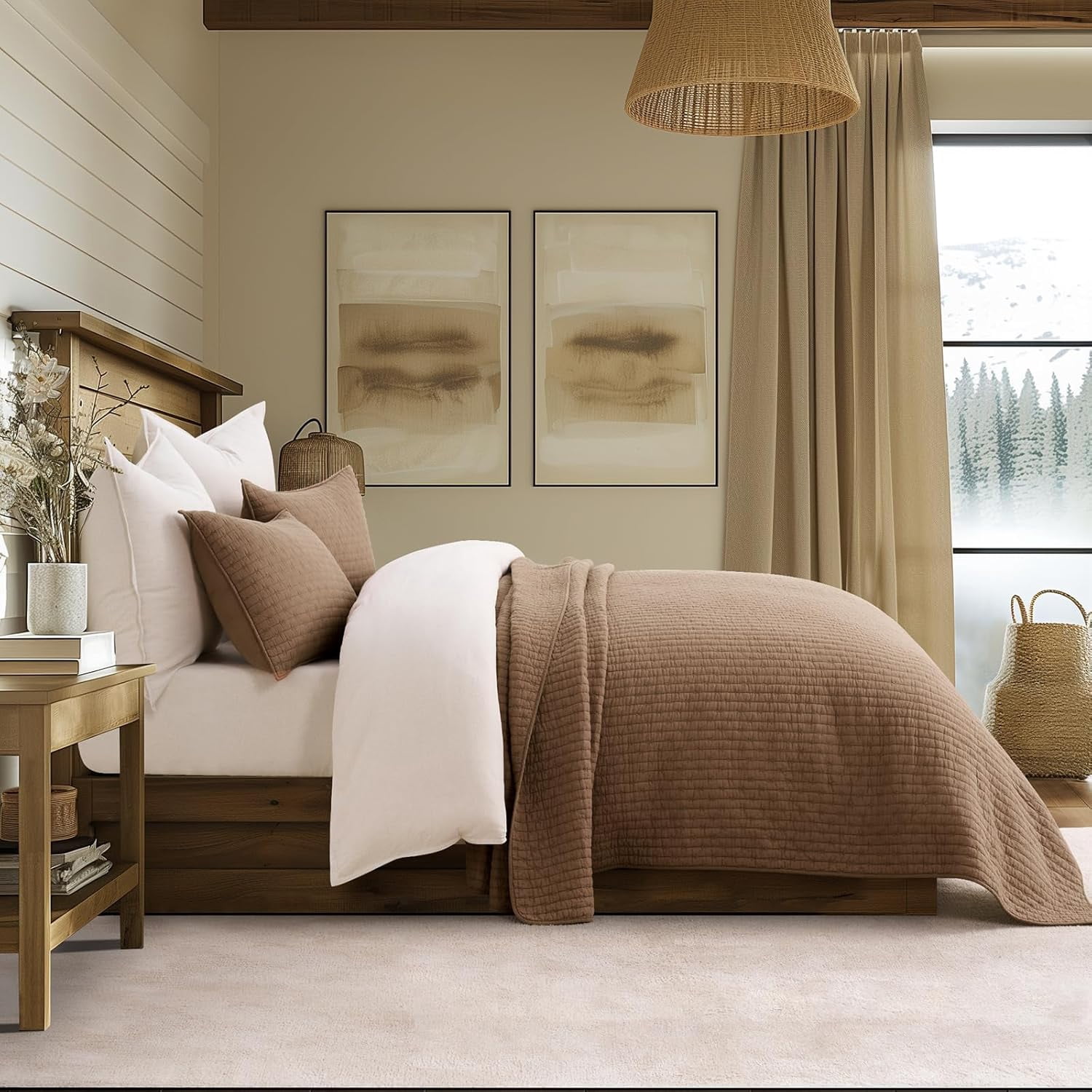 EVERGRACE Cross Stitch Pre-Washed Cotton Quilt Bedding Set King Size, Oversized 3 Pieces Lightweight Bedspread Coverlet for All Season, with 2 Matching Shams, Camel Brown,108"x96"