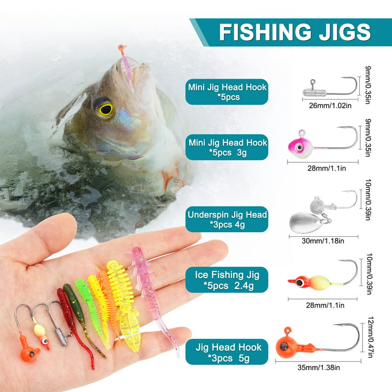 Fishing Lures Tackle Box Trout & Crappie Ice Fishing Gear Kit,Including Jig  Heads,Soft Plastic baits for Panfish,Bluegill, Bass etc Freshwater Fishing
