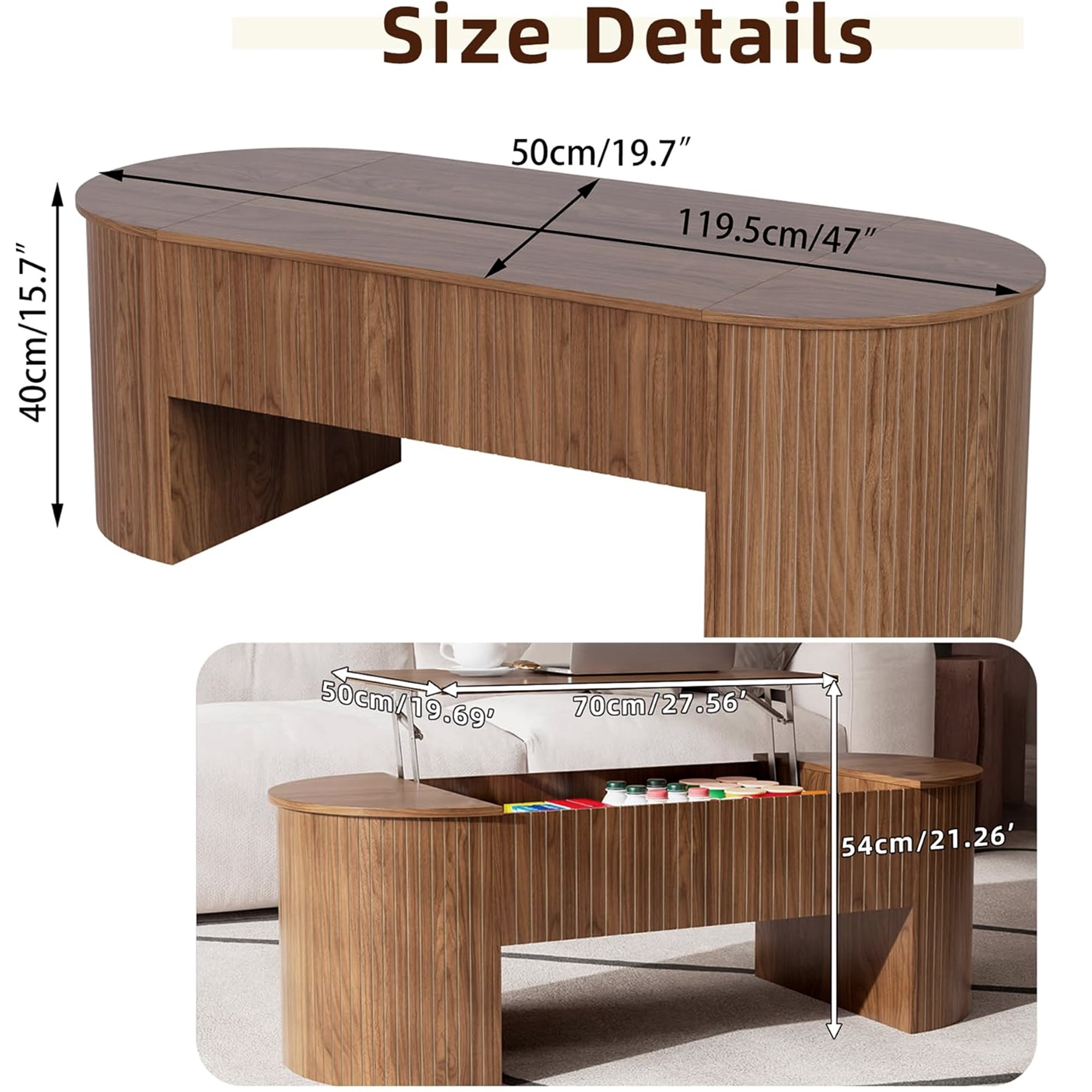 Lift Top Coffee Table with Storage, Oval Center Table with Hidden Compartment, Modern Coffee Table for Living Room, Walnut