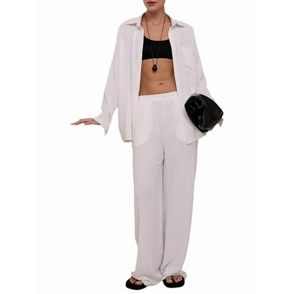 2 Piece Outfits for Women Casual Lounge Sets Long Sleeve Button Down Shirts and Wide Leg Pants Sets Tracksuit White L