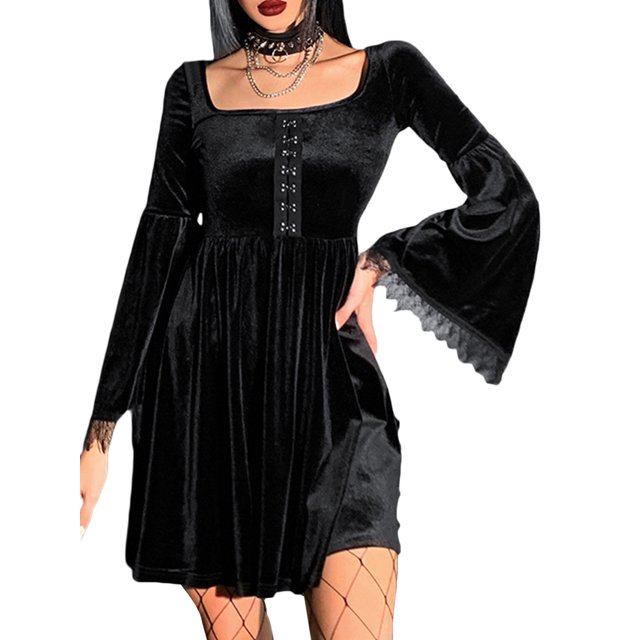 Vestido corto personalizado de otoño para mujer de Sunloudy, falda de gamuza delgada de manga larga con puño acampanado y cuello cuadrado de empalme de encaje para niñas Sunloudy moda