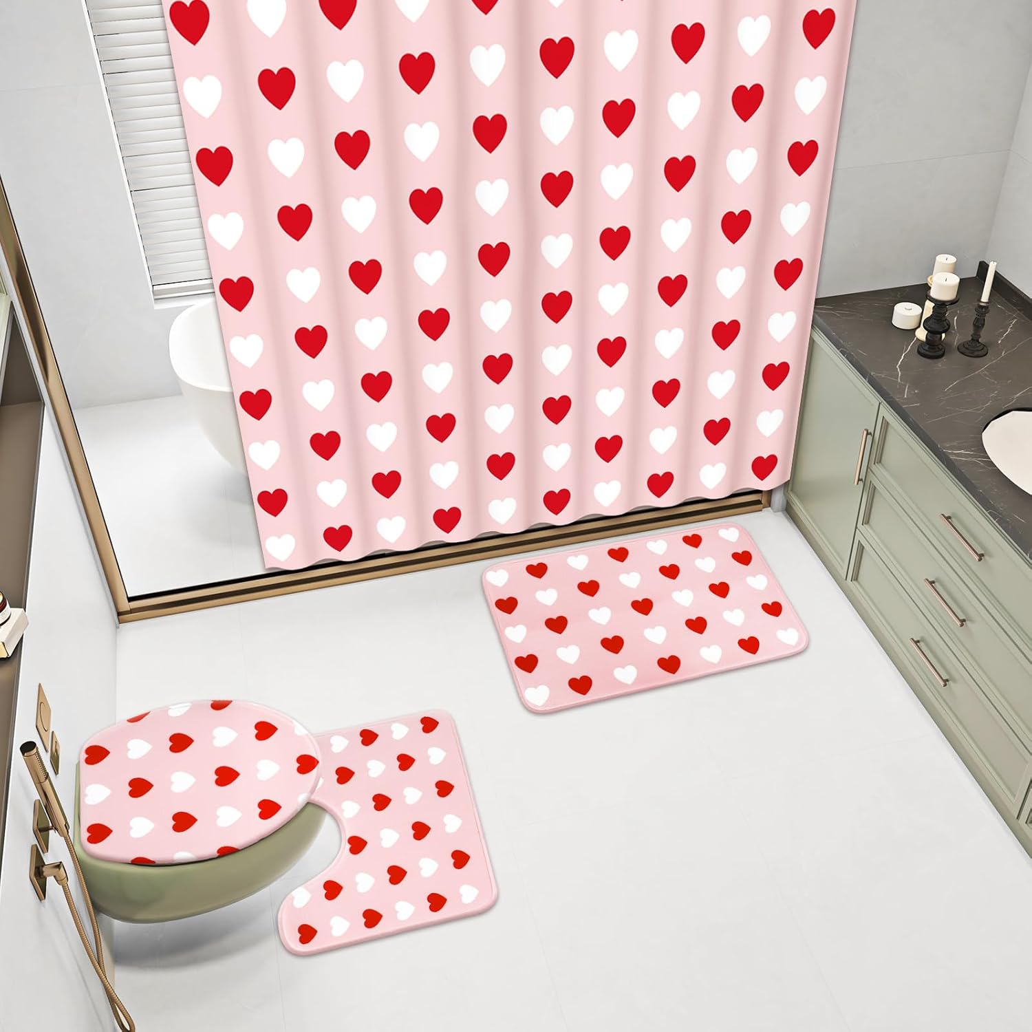 4Pcs Valentine's Day Bathroom Set Pink Red White Heart Non-Slip Bath Mat U-Shaped Toilet Rug Toilet Lid Cover Shower Curtain with Hooks for Home Hotel Accessories Decoration