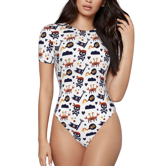 Fotbe Pirate Theme Body de Mujer con Cuello Redondo y Mangas Cortas, Sin Mangas Ajustado, Suave, Cómodo y Básico-Small