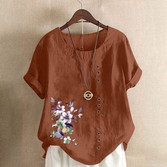 Aubaines du Jour Liquidation Iumwxz Blouses Décontractées Coupe Ample Grande Taille Boutons Ornementaux Vêtements pour Femmes T-Shirt Graphique Floral Hauts Manches Courtes Col Rond T-Shirts pour Dames Tenue de Rue