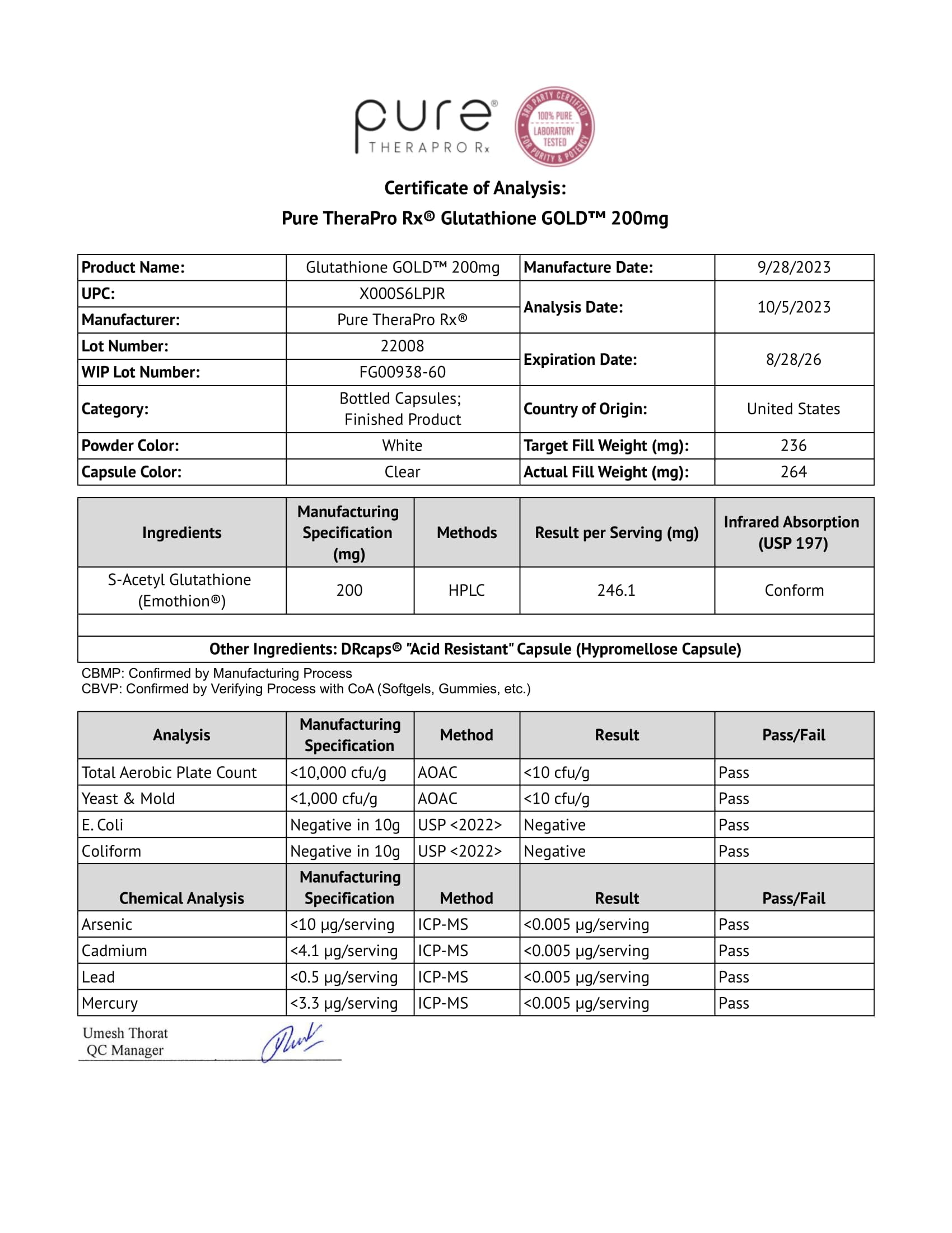 Pure Therapro Rx S-Acetyl Glutathione Gold 200mg | 2 Month Supply Acid-Resistant Capsule | Patented Acetylated Form of Glutathione | Zero Fillers Or Flow Agents | Pharmaceutical Grade, Non-GMO