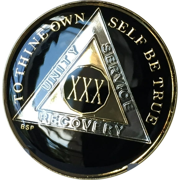 Bright Star Press 30 Year Classic Black AA Alcoholics Anonymous Medallion Chip Tri Plate Gold & Nickel Plated Serenity Prayer