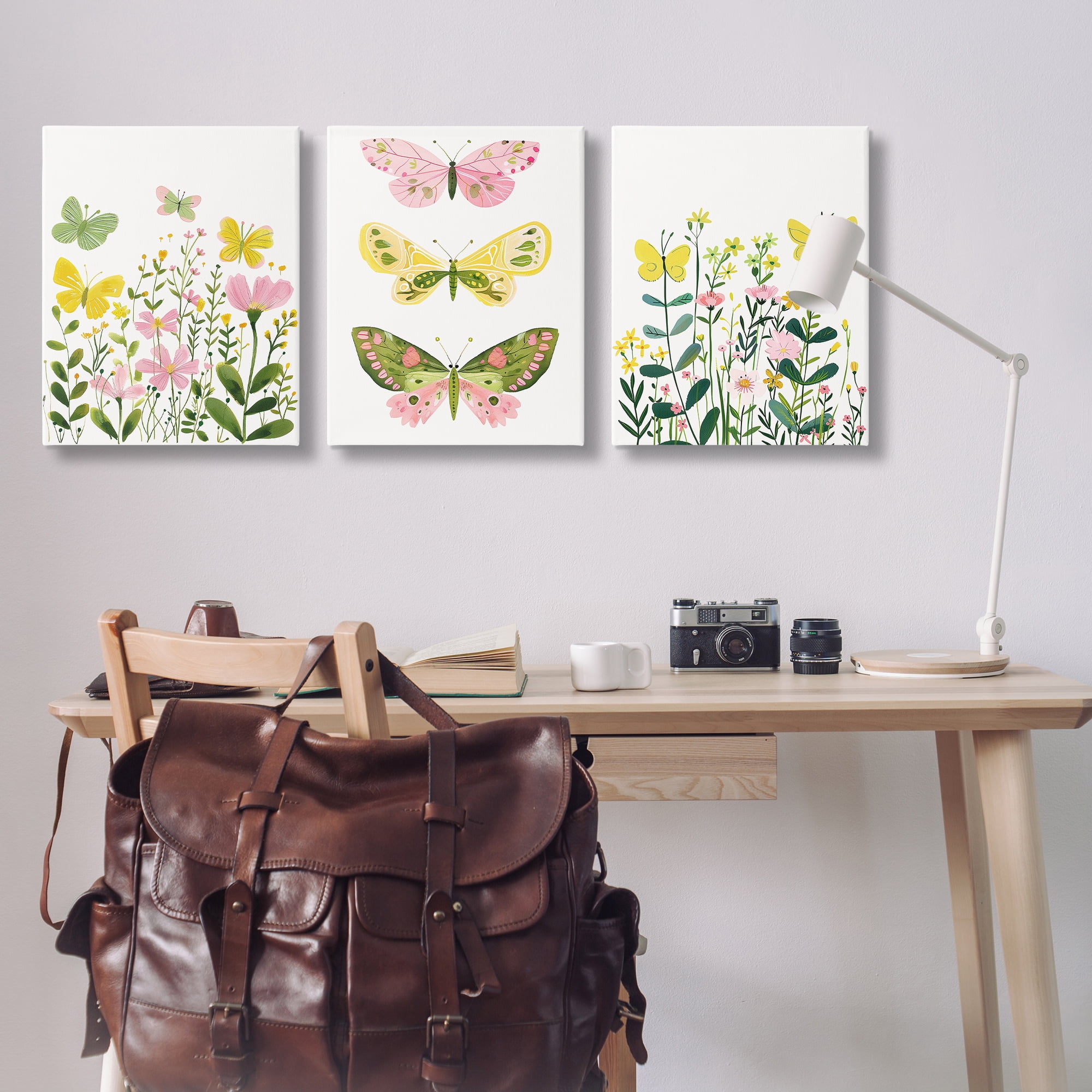 Stupell Industries Playful Butterflies and Florals Animals Painting Wrapped Canvas Art Print Wall Art, 24 x 30, Set of 3