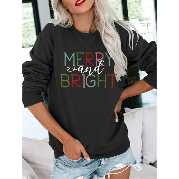 Women Long Sleeve Crew Neck Merry Christmas Sweatshirt Merry and Bright Bright Graphic Black Top