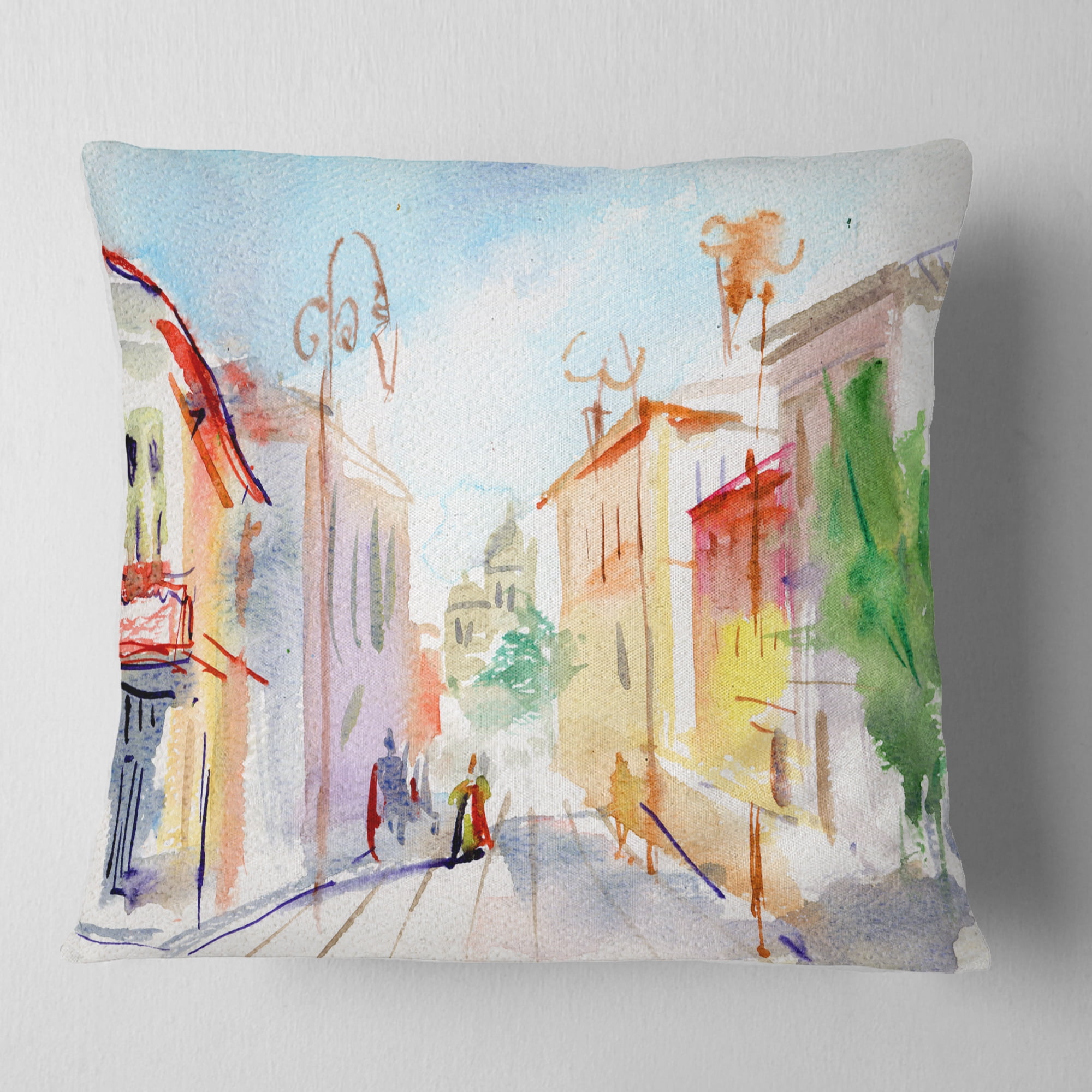 Designart Illustrated Parisian Street - Watercolor Cityscape Throw Pillow - 16x16