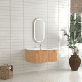 thumbnail image 2 of 36" Bathroom Vanity, Solid Wood Wall-Mounted Floating Curved Edges Striped Bathroom Large Storage Cabinet with 2 Side Drawers, White Ceramic Basin without Faucet, Pre-assembled, Walnut Color, 2 of 9