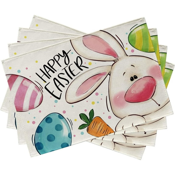 Happy Easter Bunny Placemats Set of 4, Cute Rabbit Eggs Carrot Polka Dot Stripes Dining Table Place Mats, Farmhouse Kitchen Decor Home Decoration 12 x 18 Inch
