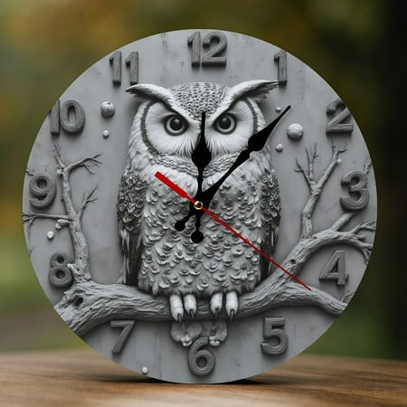 Wall Clock Decorative - Monochrome Owl Print 2D Vintage Wall Clocks Battery Operated Silent Non-Ticking for Bedroom, Living Room, Kitchen, Office, Classroom, 10 Inch